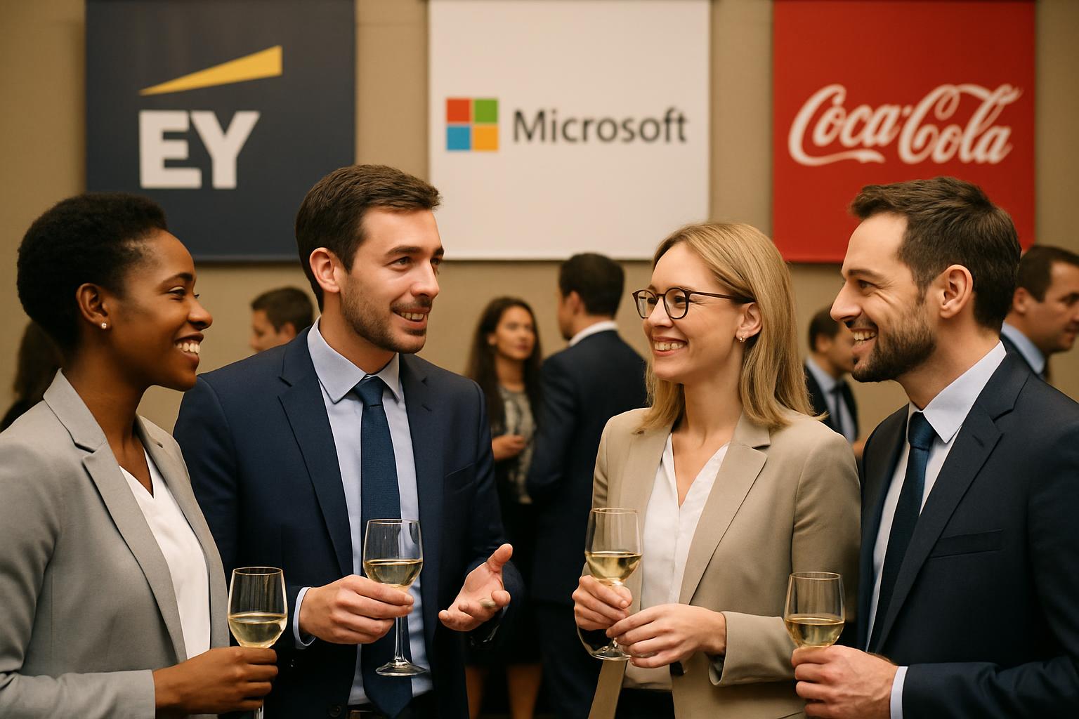 un grupo de profesionales interactuando en un cóctel empresarial, fondos con pancartas de marcas reconocidas, ambiente formal