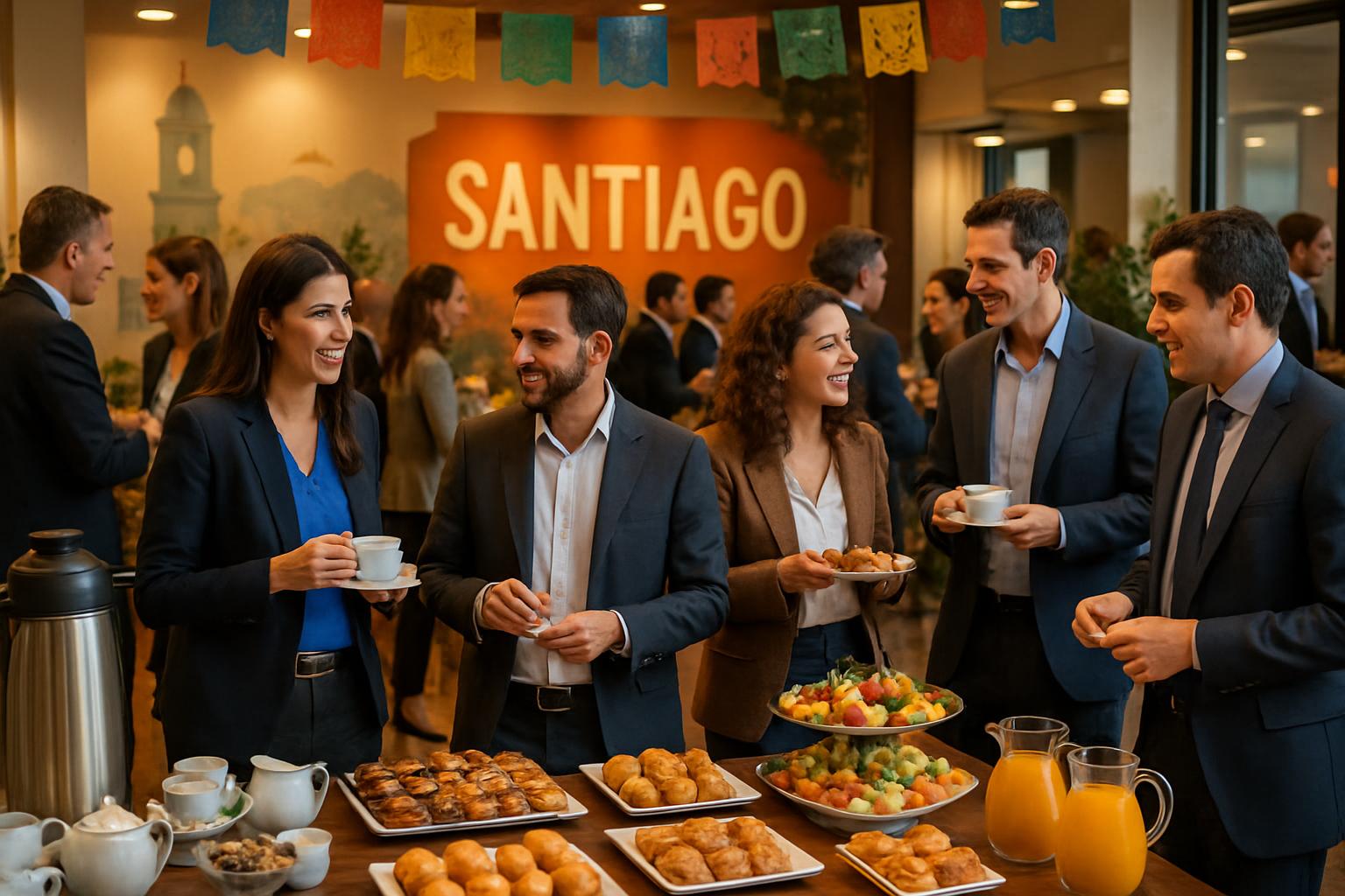 coffee break en evento empresarial en Santiago con decoraciones temáticas, mesas de catering con variedad de alimentos y bebi coffee break en evento empresarial en Santiago con decoraciones temáticas, mesas de catering con variedad de alimentos y bebi