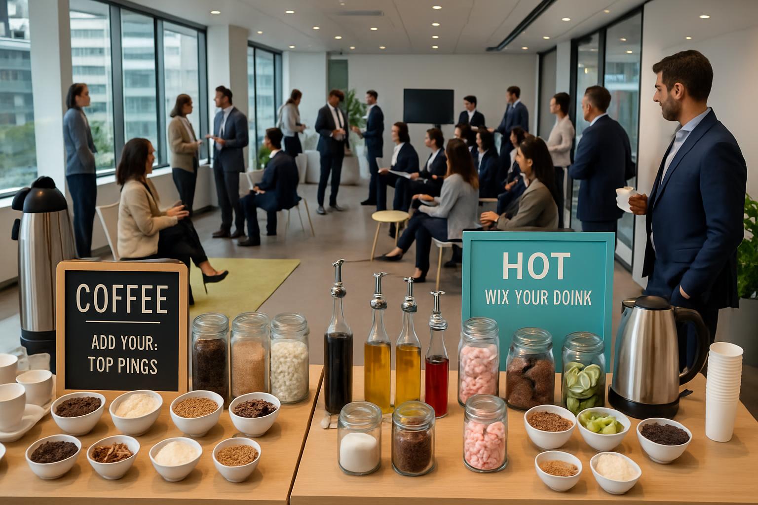 elementos de un coffee break corporativo en Santiago, con estaciones interactivas para que los asistentes personalicen sus be elementos de un coffee break corporativo en Santiago, con estaciones interactivas para que los asistentes personalicen sus be