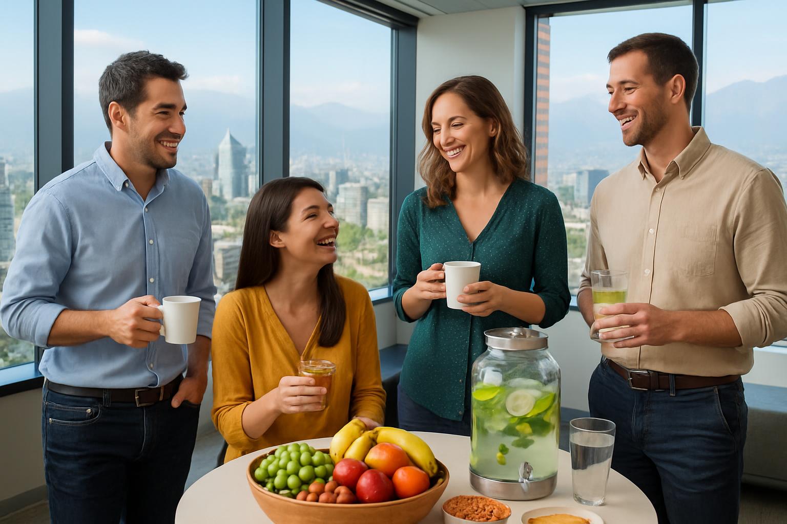 Imagen de empleados disfrutando un coffee break saludable en una oficina moderna en Santiago, rodeados de frutas frescas, agu