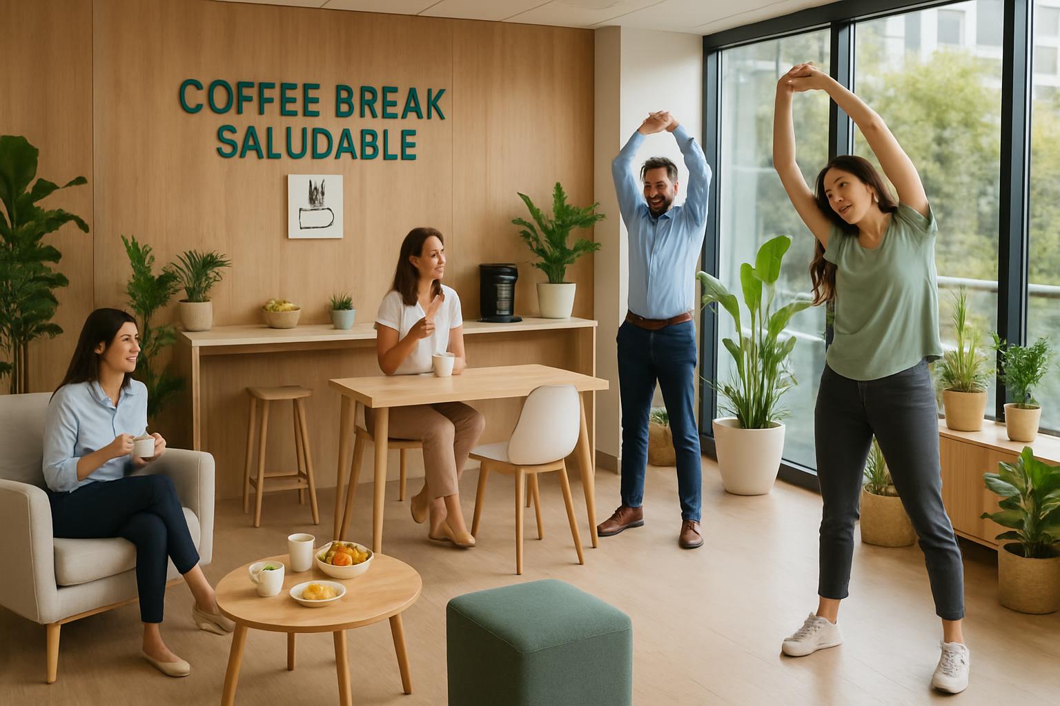 Imagen de un espacio moderno para coffee break saludable en una empresa de Santiago, con muebles confortables, decoración nat