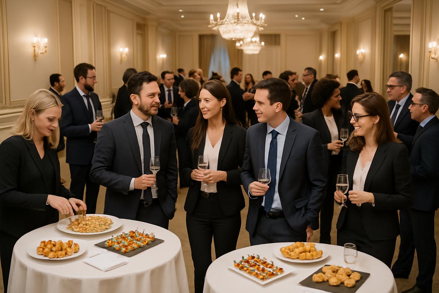 "Organizando un coctel empresa en un salón elegante, mesas con aperitivos y empleados socializando en un ambiente profesional "Organizando un coctel empresa en un salón elegante, mesas con aperitivos y empleados socializando en un ambiente profesional