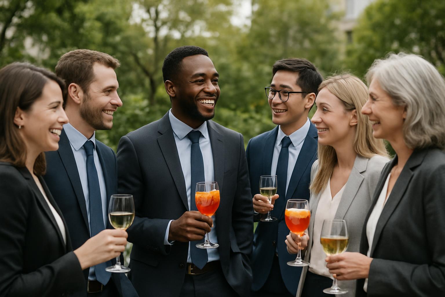 "Empleados de una empresa participando en un coctel corporativo al aire libre, disfrutando de bebidas mientras conversan en u "Empleados de una empresa participando en un coctel corporativo al aire libre, disfrutando de bebidas mientras conversan en u